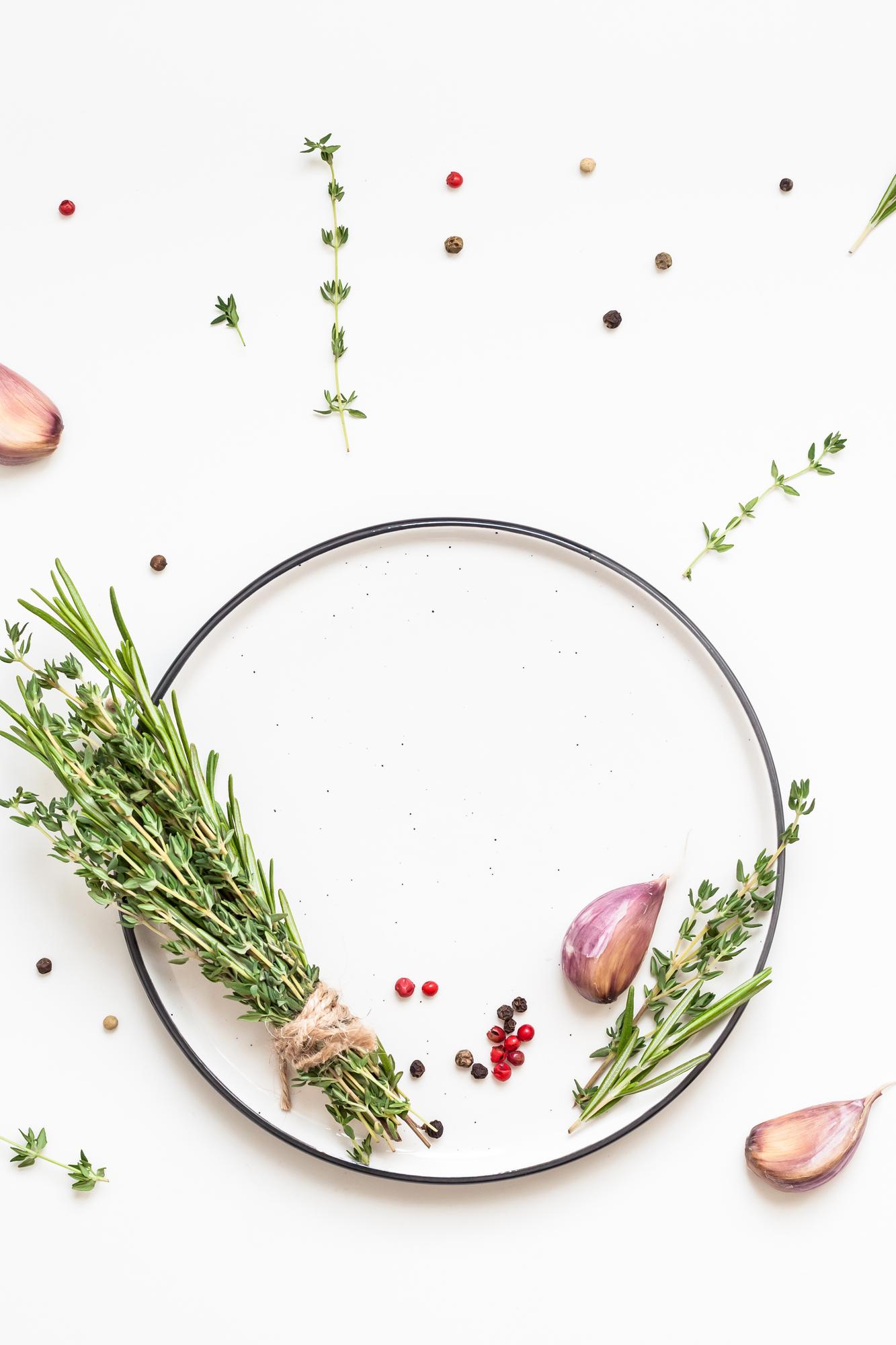 Close-up of herb garnish and plating